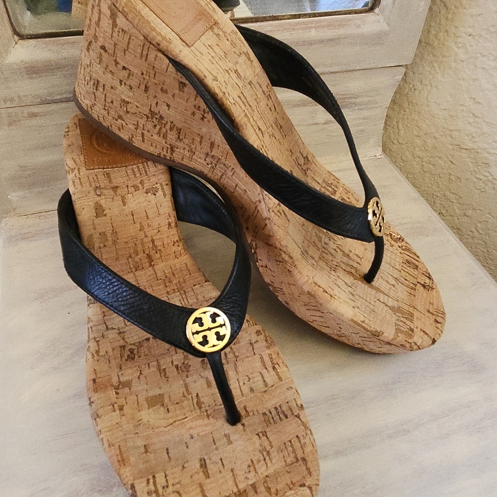 TORY BURCH CORK WEDGE SLIPPERS FLIP FLOPS SANDALS - Picture 2 of 8